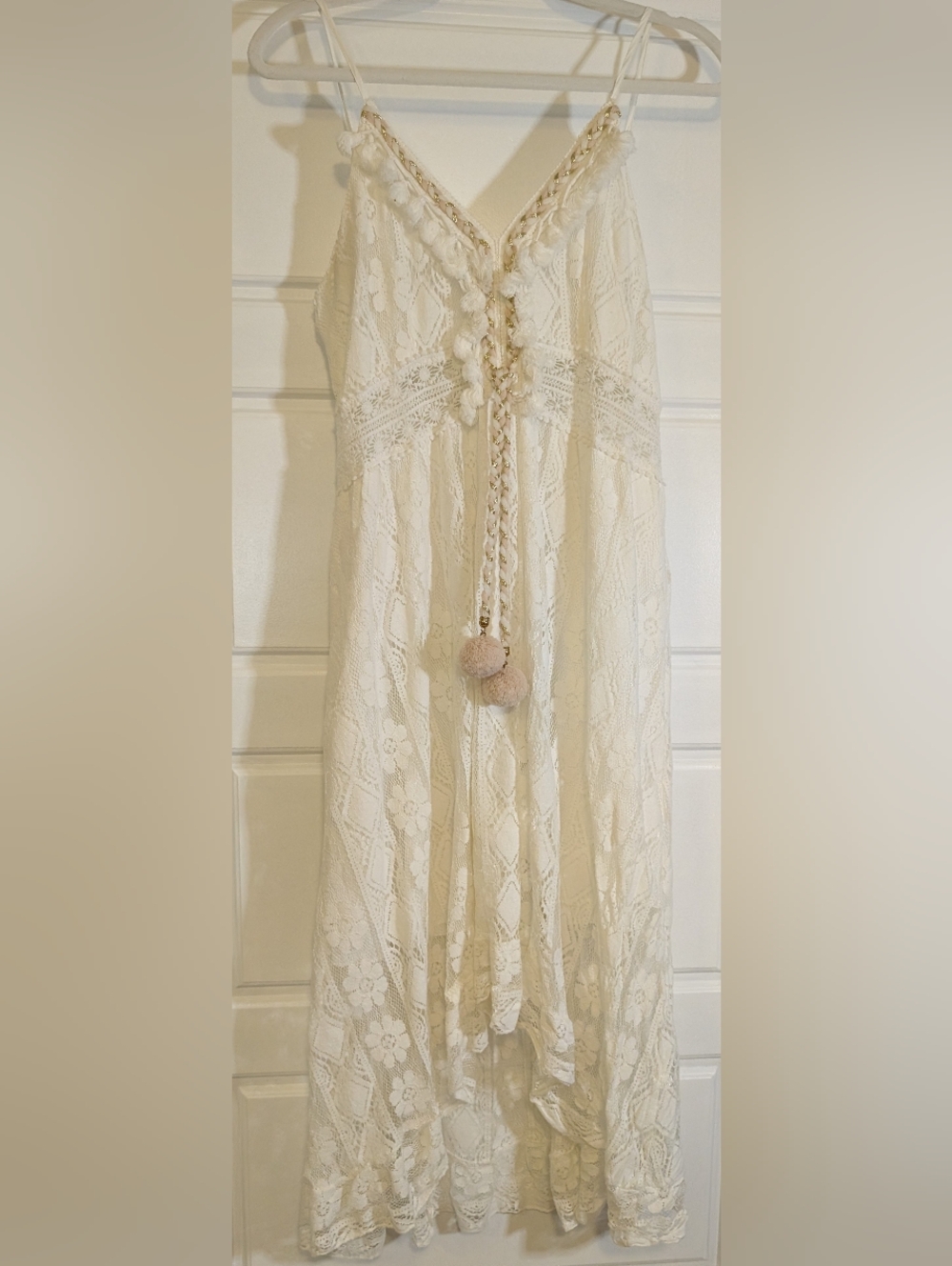 Boho White Lace Maxi Sundress with Pom Tie - Picture 3 of 5